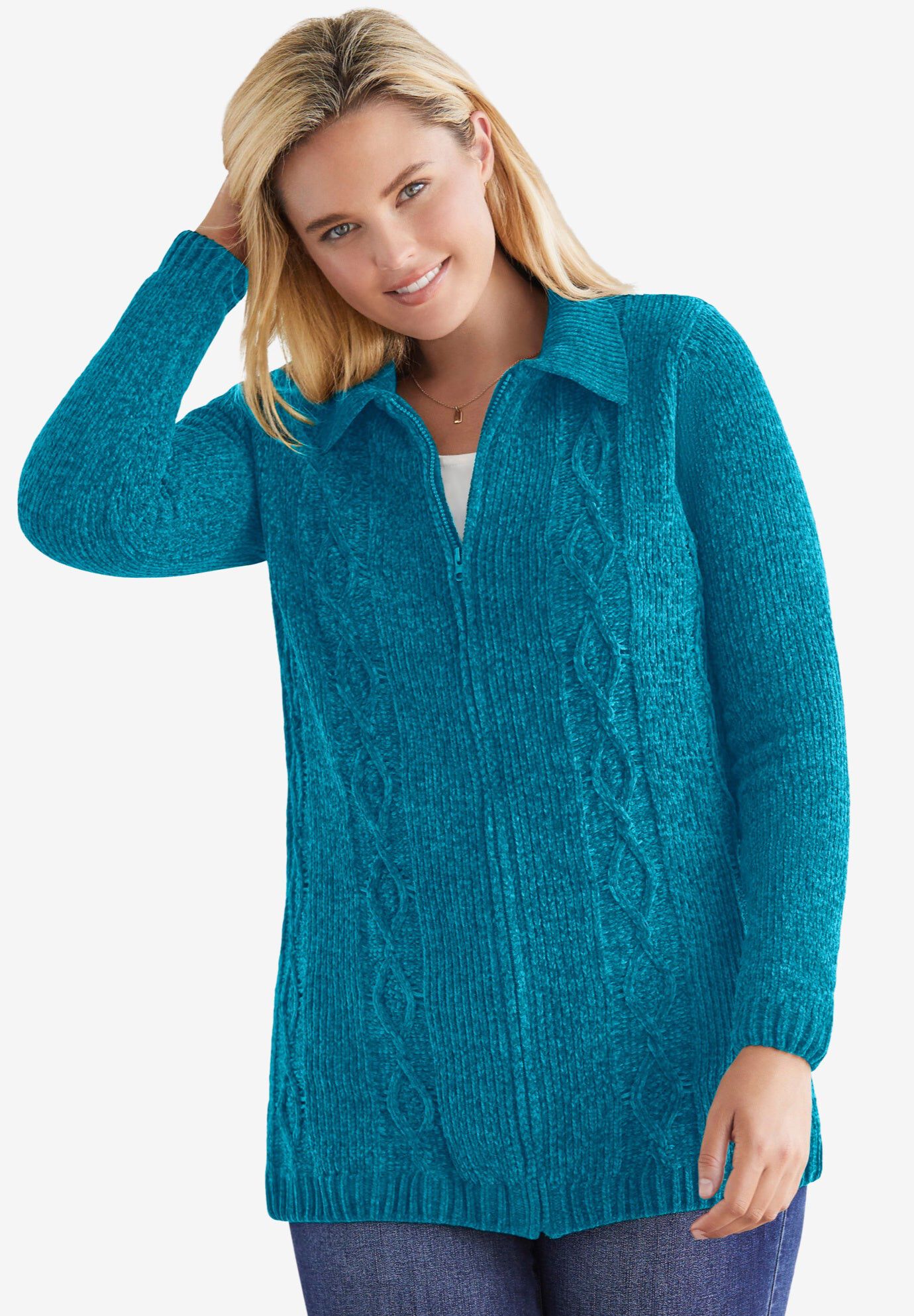 Chenille Zip Cable Cardigan | Woman Within