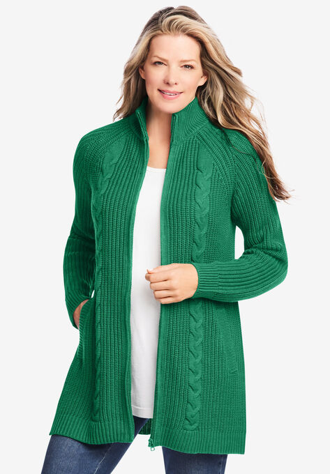 Cabled Zip-Front Cardigan, EMERALD, hi-res image number null