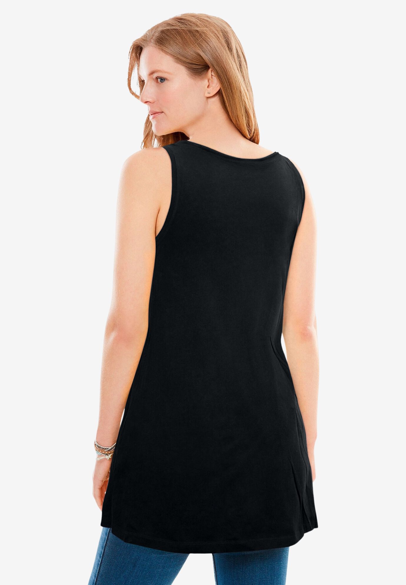 Perfect Sleeveless Shirred U-Neck Tunic, BLACK, on-hover image number 1