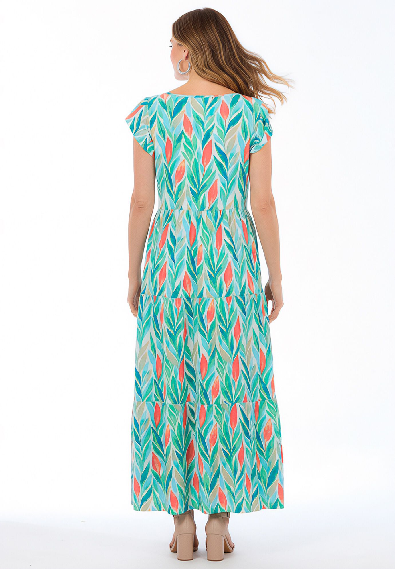 Texture Knit Tiered Flutter Sleeve Maxi Dress, IVORY TULIP WATERCOLOR, on-hover image number 1