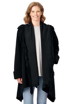 Fringed Shawl Collar Fleece Jacket