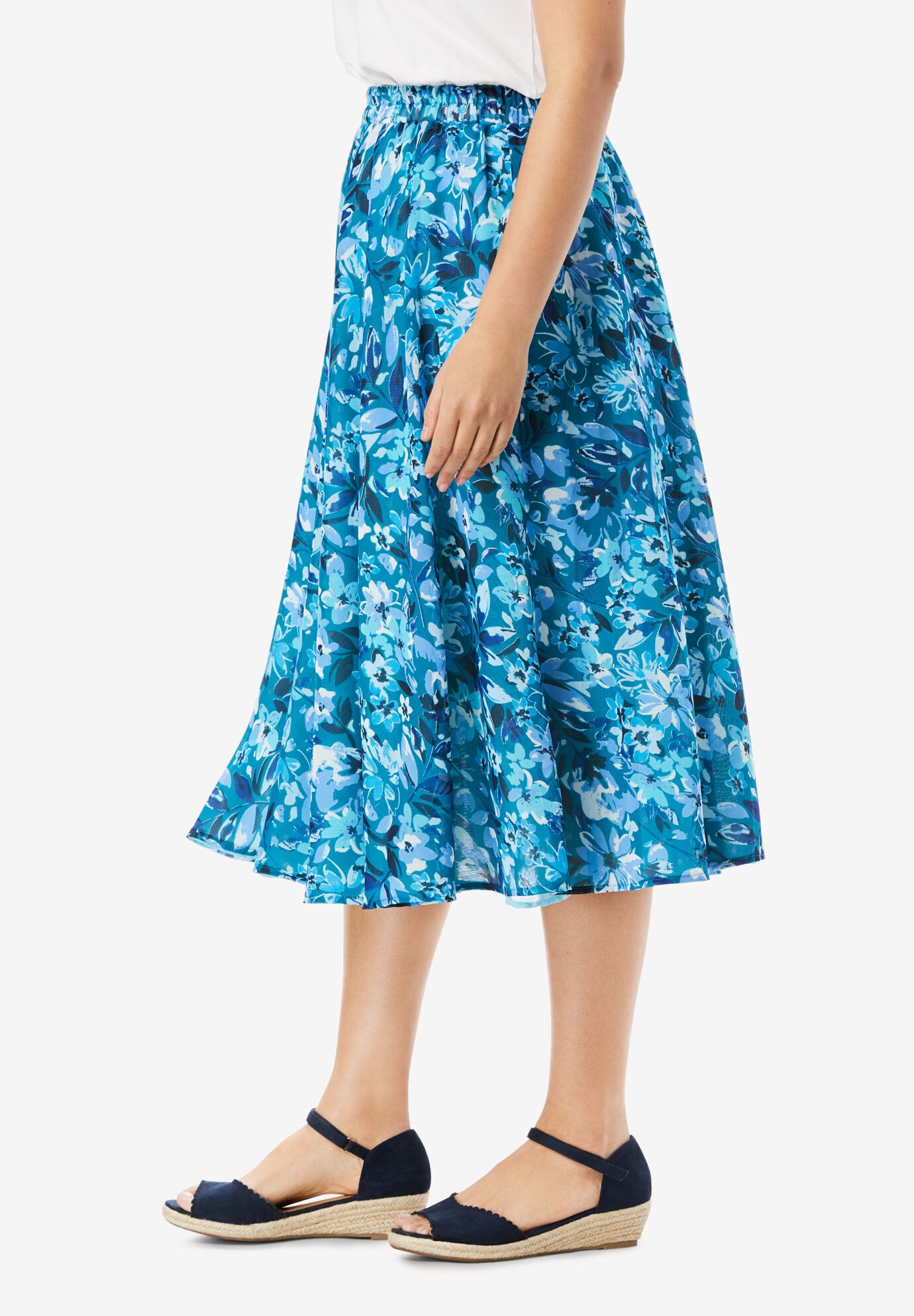 Reversible A Line Skirt with Elastic Waist New Khaki Painterly Bloom Woman Within