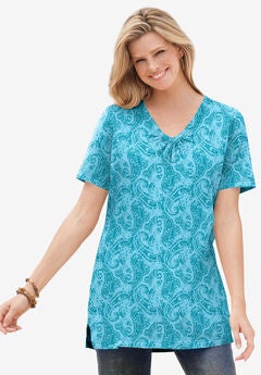 Perfect Printed Short-Sleeve Shirred V-Neck Tunic