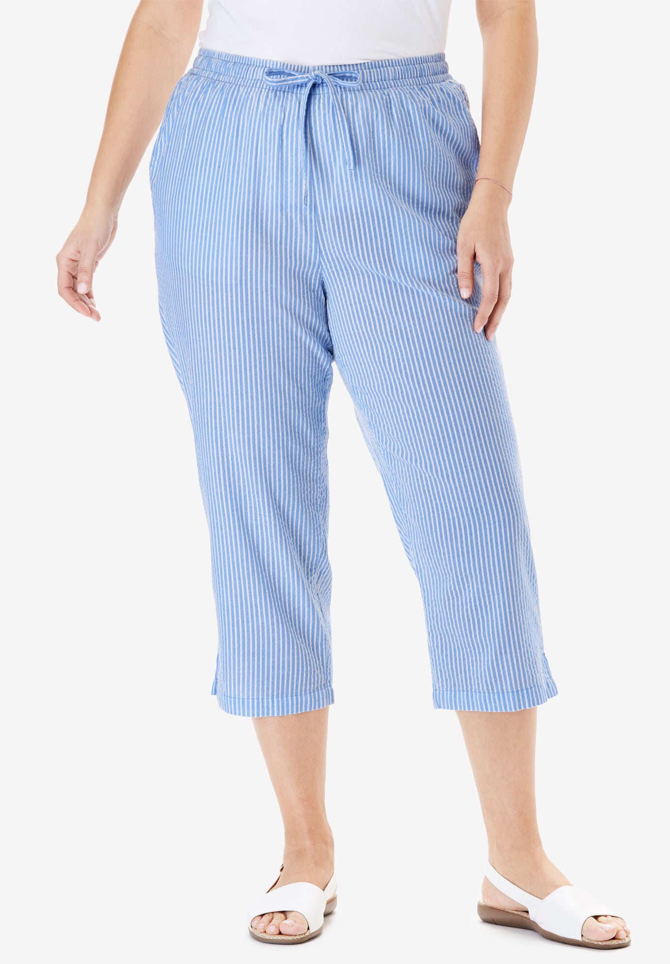 Seersucker Pull-On Elastic-Waist Capri Pants, WATERFALL GINGHAM, hi-res image number 0
