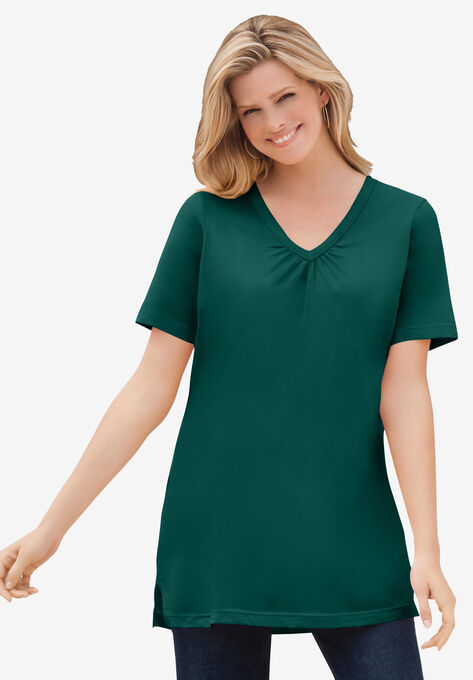 Perfect Short-Sleeve Shirred V-Neck Tunic | Woman Within