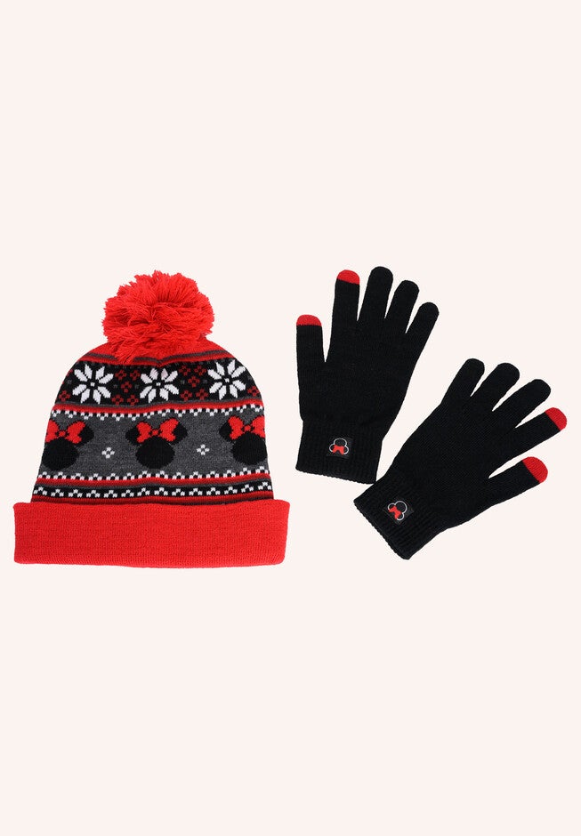 Disney Adult Minnie Mouse Knit Beanie Hat & Texting Gloves Red Gray 2-Pc Set, , on-hover image number 1
