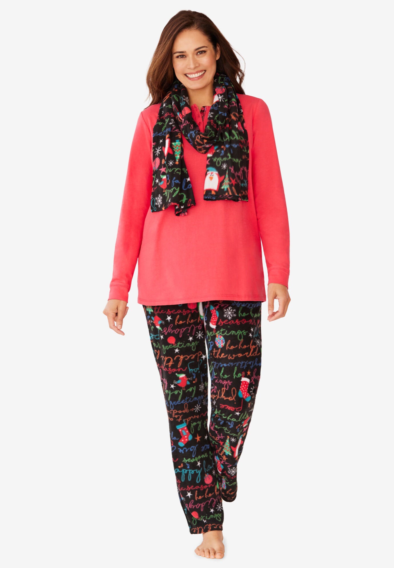 Soft Pajama Set With Scarf Henley Top 4461015 Woman Within