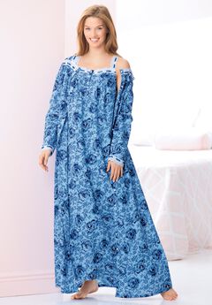 Long 2-Piece Cabbage-Rose Peignoir Set