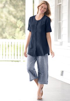 Seersucker Pull-On Elastic-Waist Capri Pants