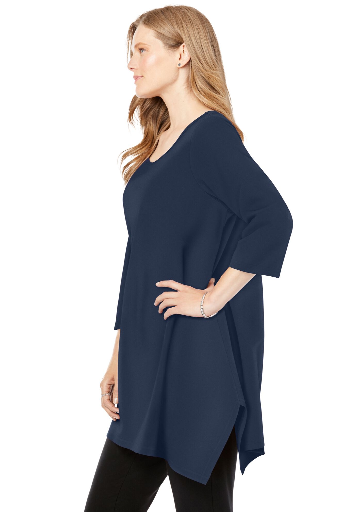 French Terry Handkerchief Hem Tunic, NAVY, alternate image number 2
