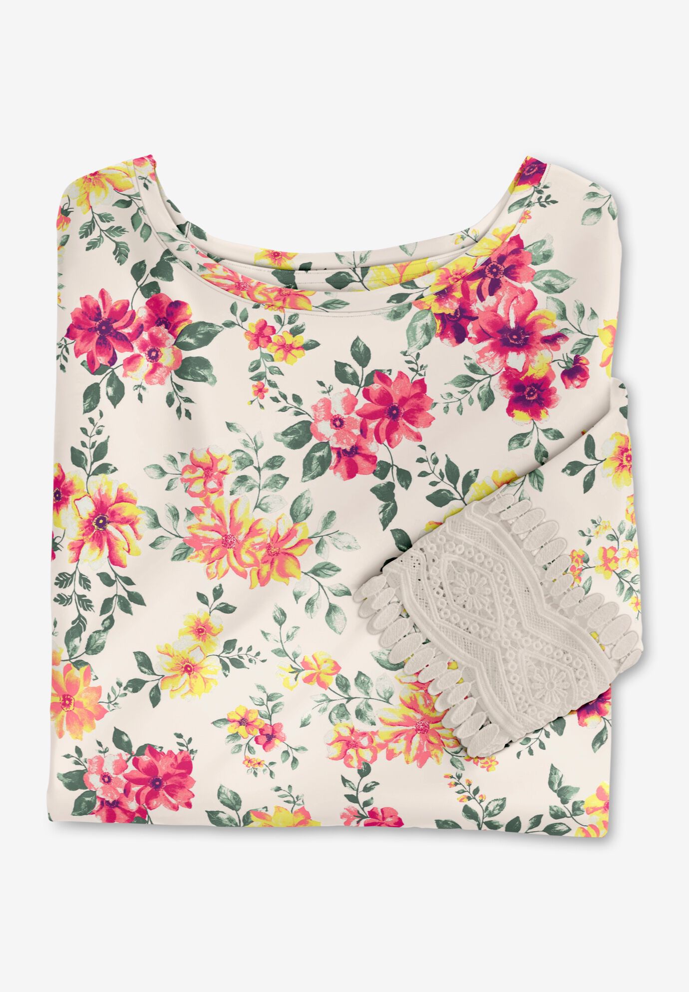 Crochet-Trim Three-Quarter Sleeve Tunic, , alternate image number 3