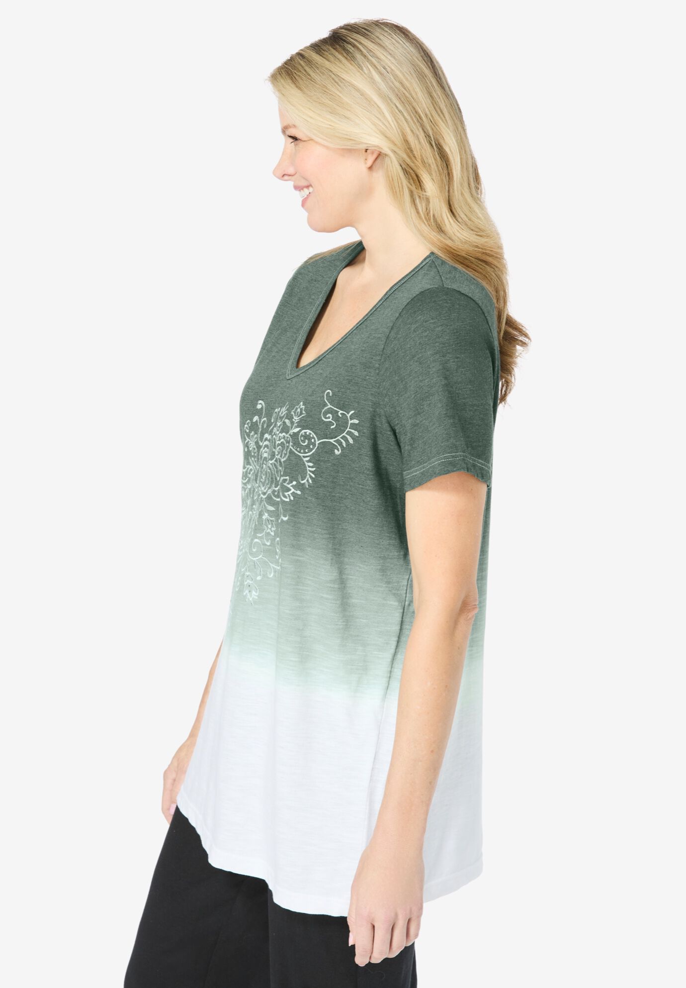 Short-Sleeve V-Neck Embroidered Dip Dye Tunic, PINE OMBRE, alternate image number 2