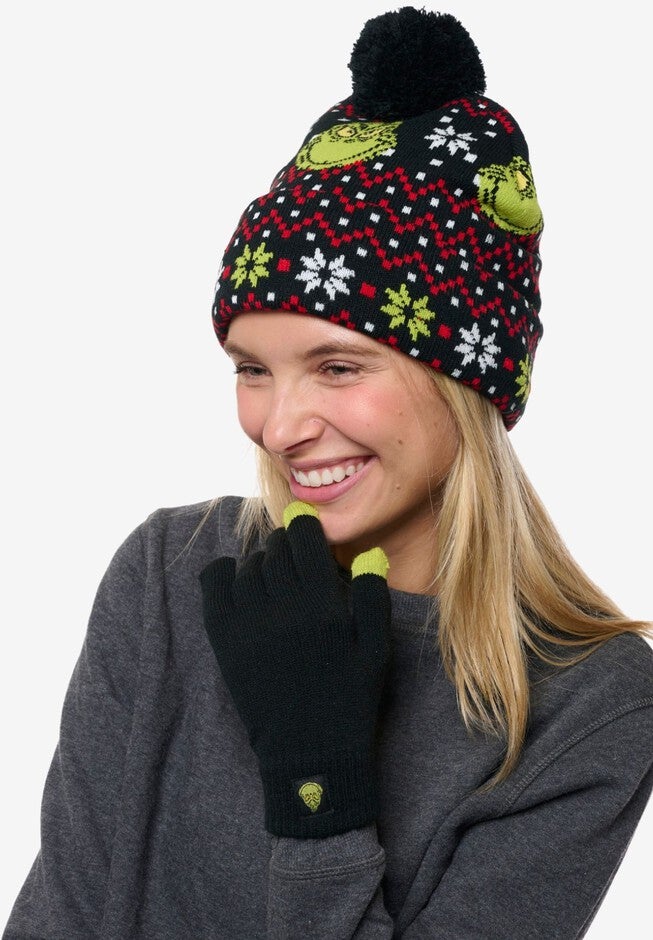 Women's Dr Seuss Grinch Knit Beanie Hat & Touch Screen Gloves Christmas, BLACK, hi-res image number 0