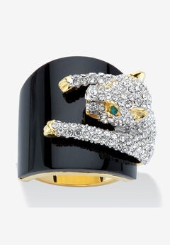 Yellow Gold-Plated Natural Black Onyx and Crystal Leopard Ring