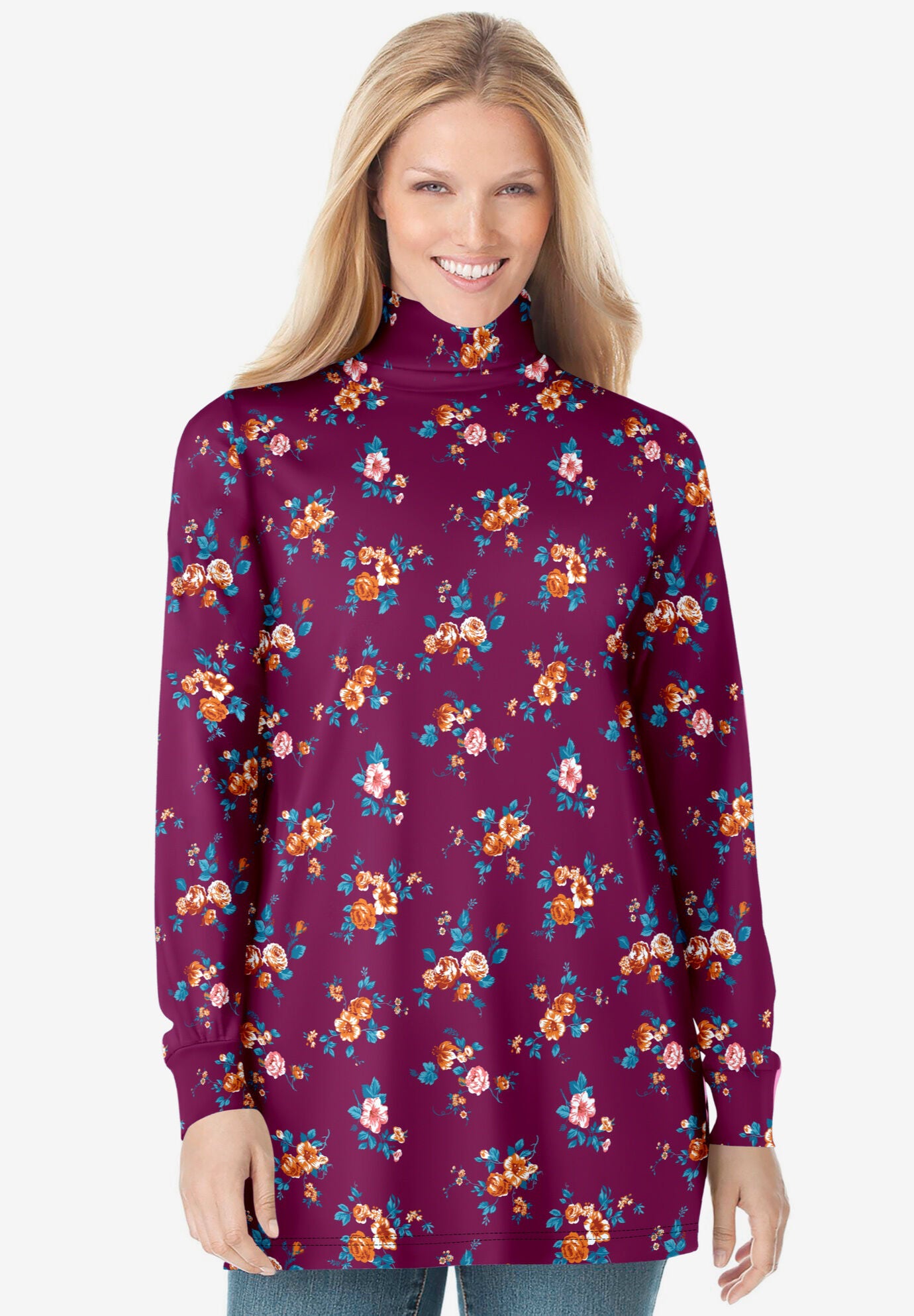 Woman Within Women s Plus Size Perfect Printed Long Sleeve Turtleneck Tee 2X Deep Claret Rose Ditsy Bouquet
