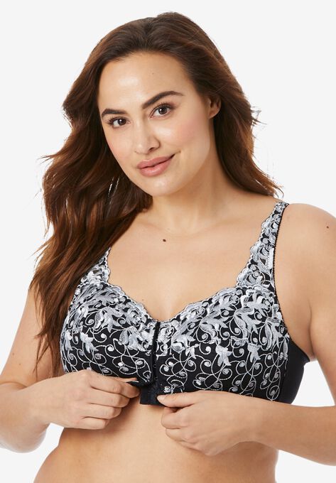 Scroll Embroidered Wireless Front-Close Bra , BLACK SILVER, hi-res image number null