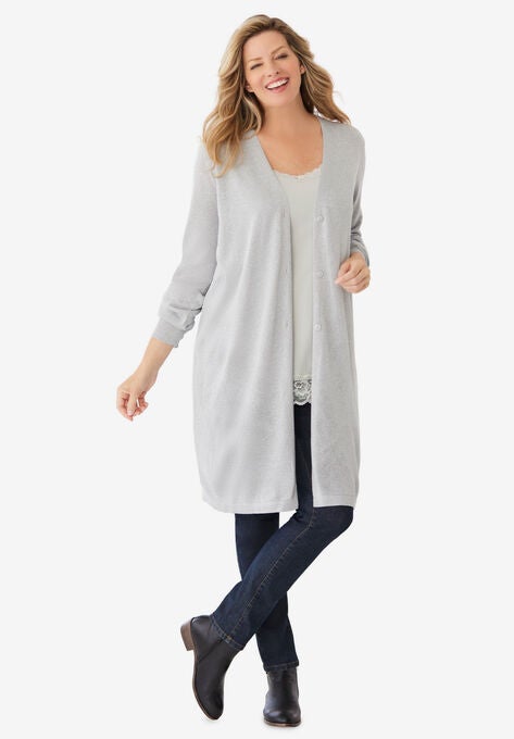 Shimmer Stitch Duster Cardigan Sweater, PEARL GREY LUREX, hi-res image number null