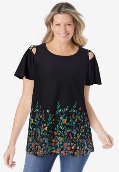 Lattice-Detail Cold-Shoulder Tee