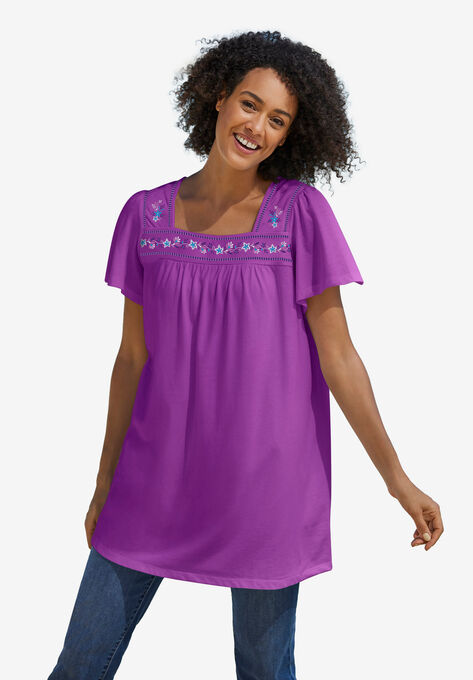 Embroidered Square Neck Tunic, PURPLE MAGENTA EMBROIDERY, hi-res image number null