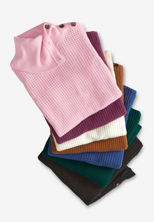 Button-Neck Waffle Knit Sweater, , alternate image number 2