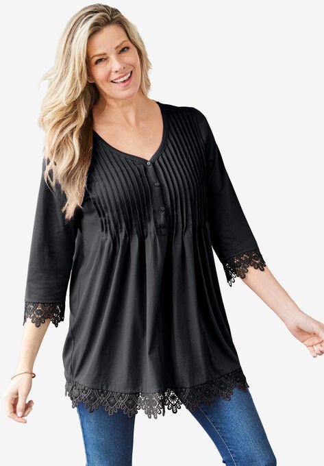 Pintuck Henley Crochet Trim Tunic, BLACK, hi-res image number null