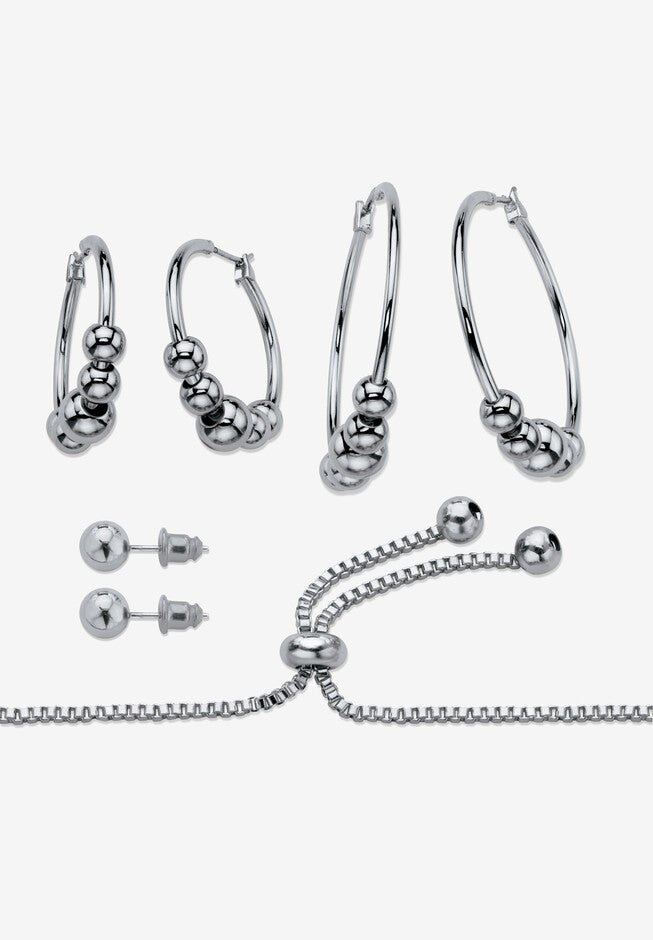 4-Piece Beaded Earrings and Bracelet Set in Silvertone, , on-hover image number 1