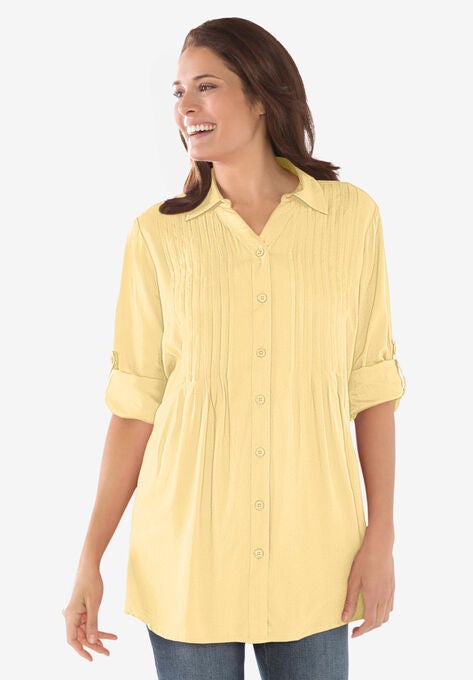 Pintucked Print Tunic Shirt, BANANA, hi-res image number null