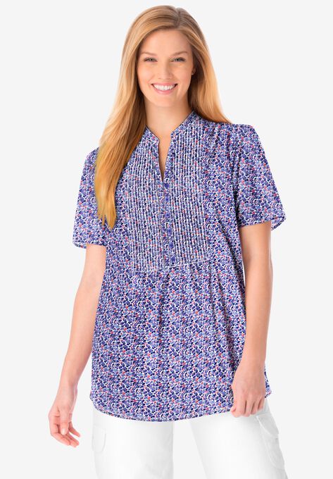 Pintucked Half-Button Tunic, NAVY BLOOMING DITSY, hi-res image number null