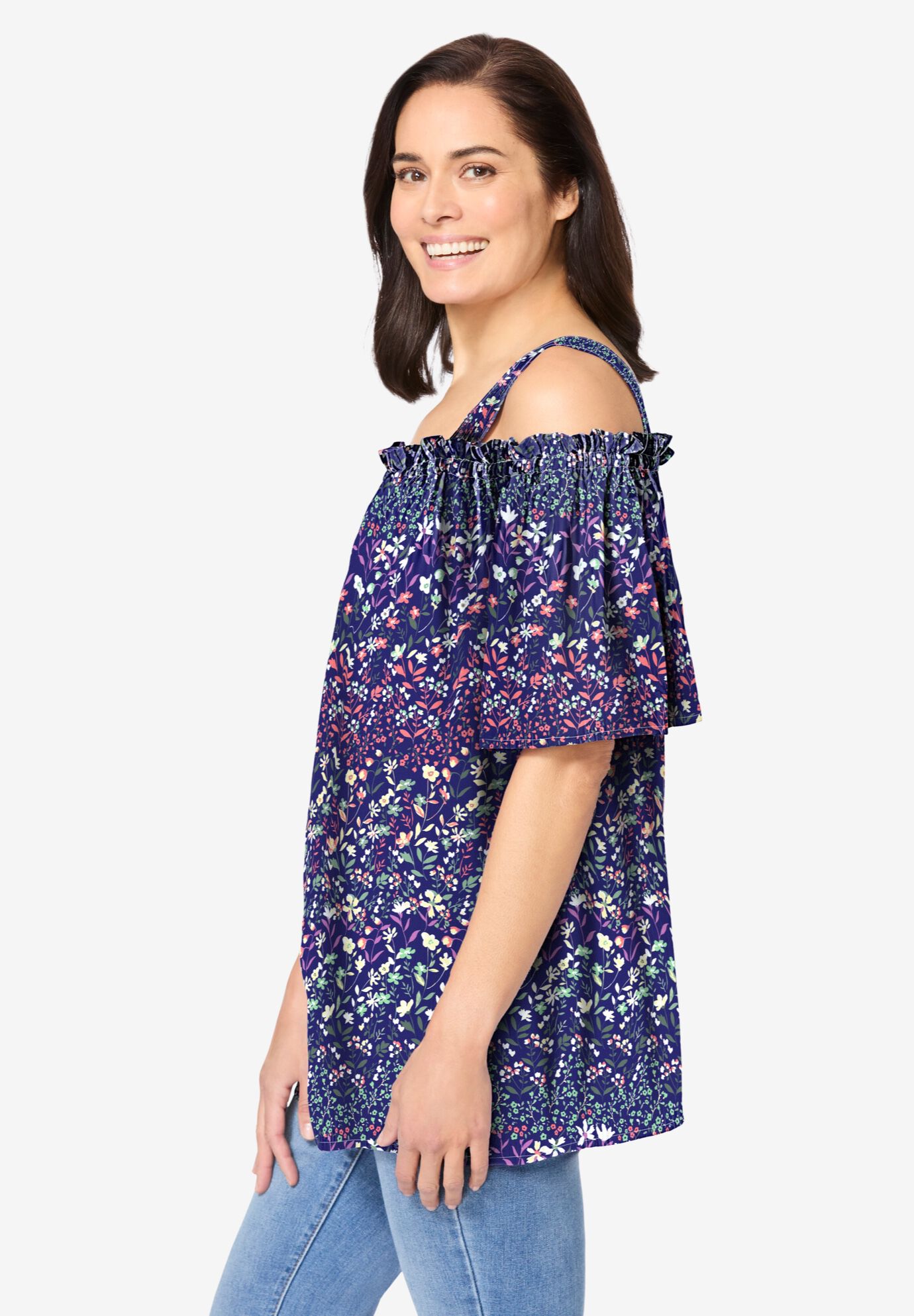 Printed Cold-Shoulder Blouse, NAVY GARDEN PRINT, alternate image number 2