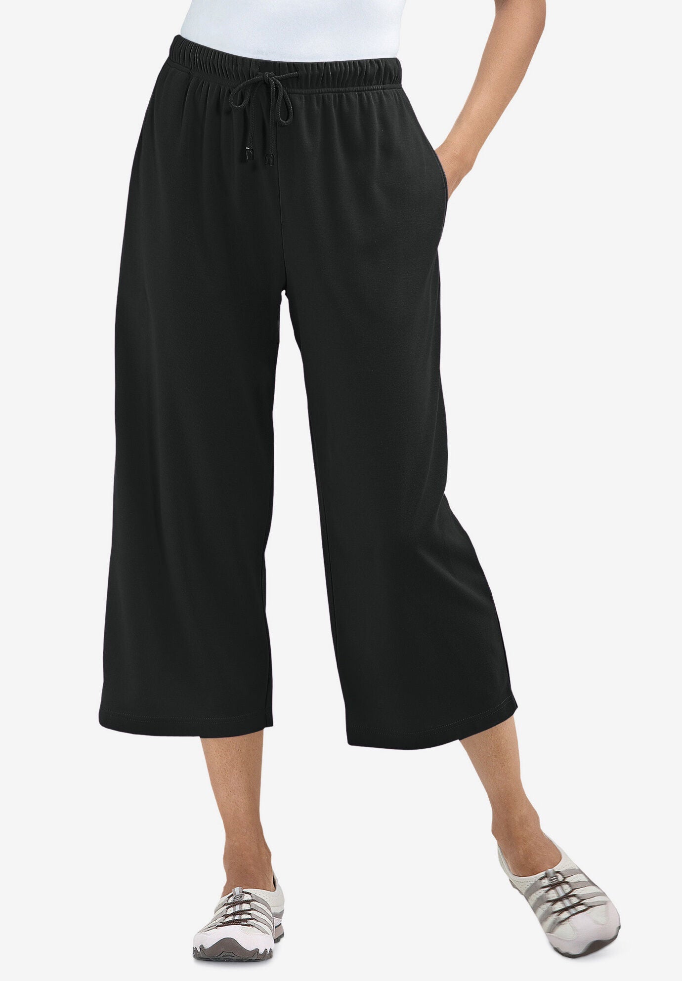 Knit Capri Pant with Elastic Waistband Black Woman Within