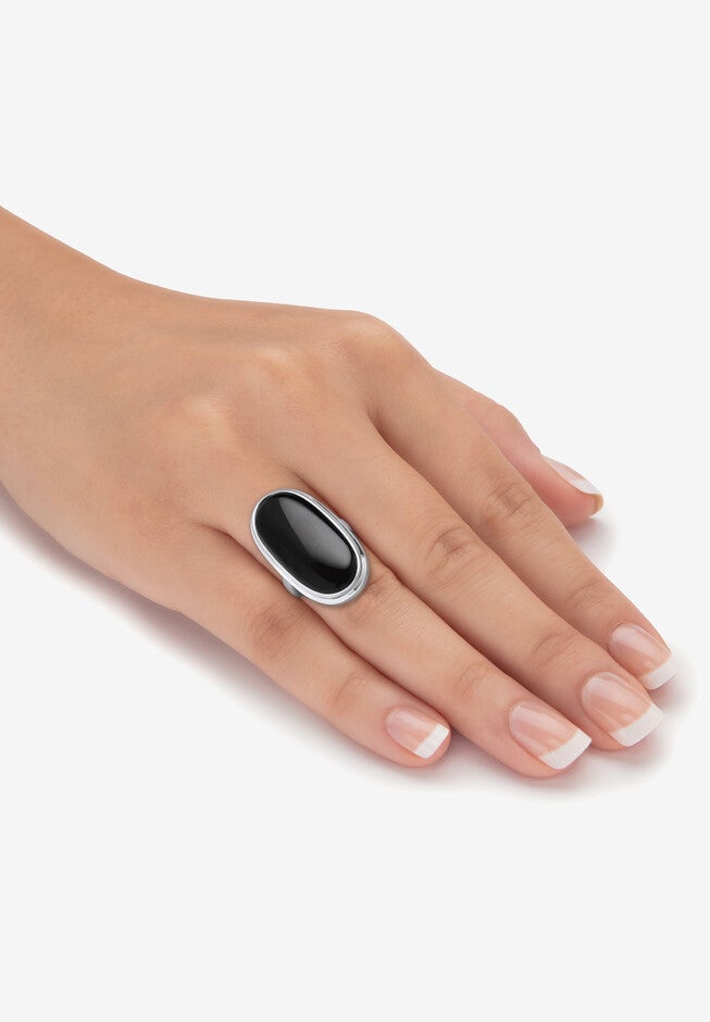 Silvertone Oval-Cut Natural Black Onyx Cabochon Ring, , alternate image number null