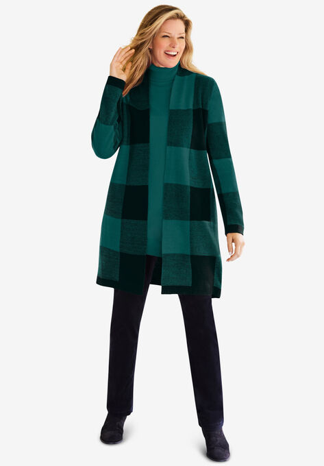 Jacquard Open Front Duster Sweater, EMERALD GREEN BUFFALO PLAID, hi-res image number null