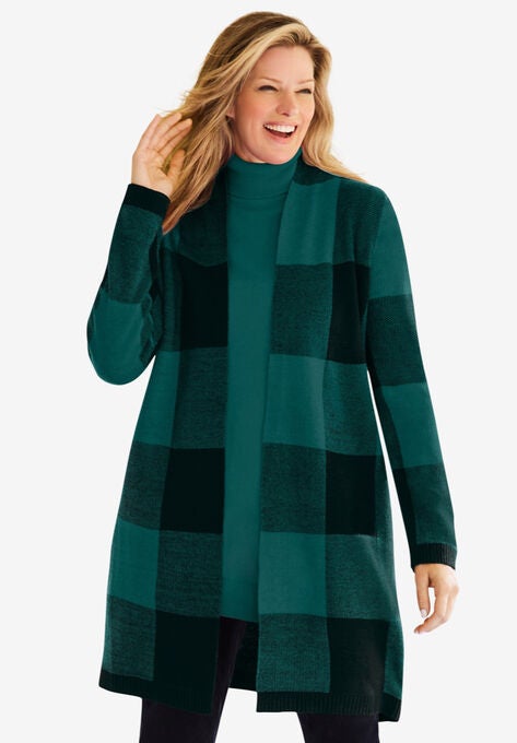 Jacquard Open Front Duster Sweater, EMERALD GREEN BUFFALO PLAID, hi-res image number null