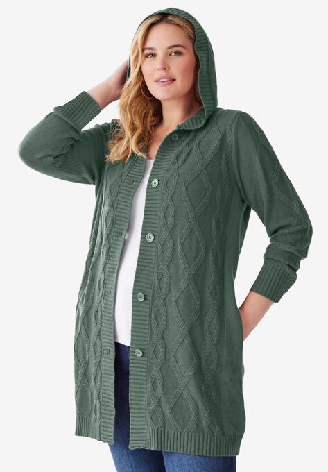 Hooded Cable Cardigan, , alternate image number null