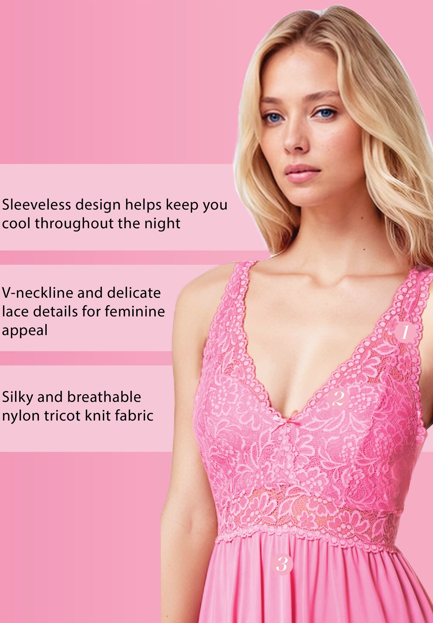 Women&#39;S Classy Nylon Tricot Sleeveless Long With Stretchy Lace Night Gown, , alternate image number 3