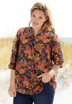Rayon 7-Day Three-Quarter Sleeve Tab-Front Tunic