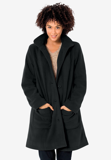Hooded A-Line Fleece Coat, BLACK, hi-res image number null