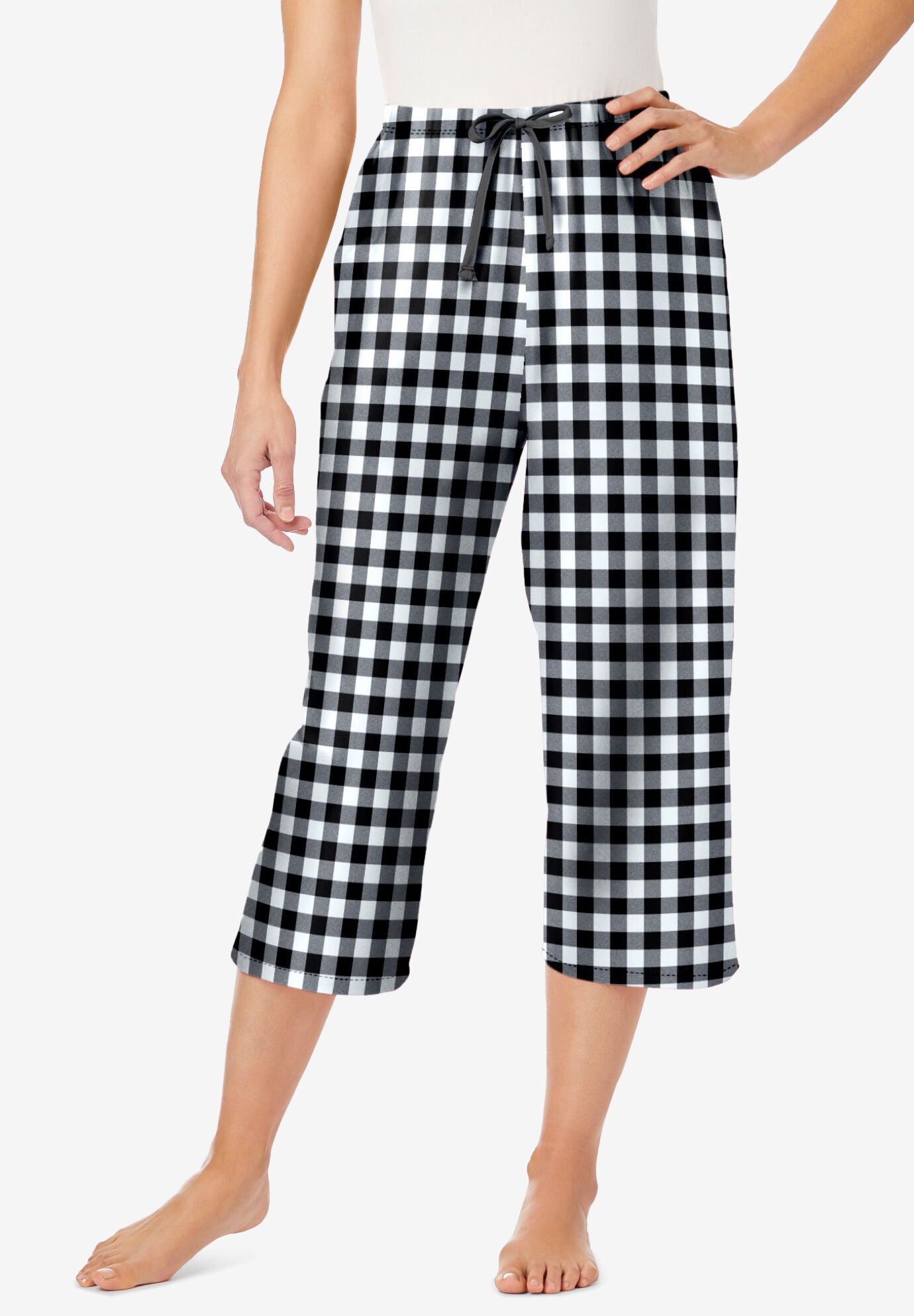 Woven Sleep Capri Pant for Women 20" Inseam, Black White Check Woman