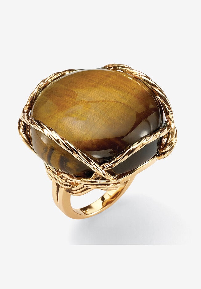 Yellow Gold-Plated Genuine Brown Tiger'S Eye Pillow Ring, , alternate image number 3