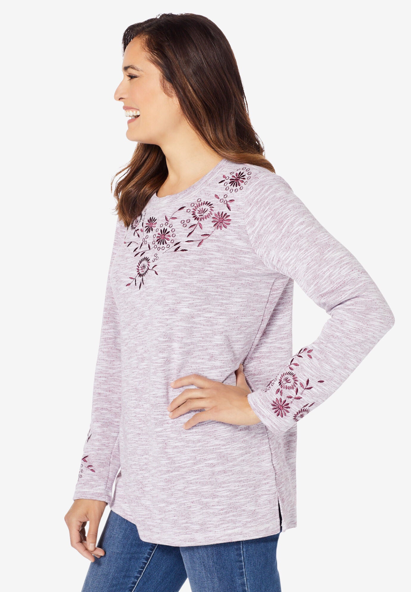 Floral Front Embroidery On Long Sleeve Sweatshirt