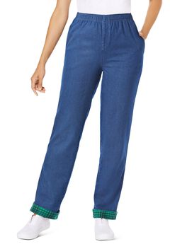 Elastic-Waist Cotton Straight Leg Denim Pant with Flannel Lining