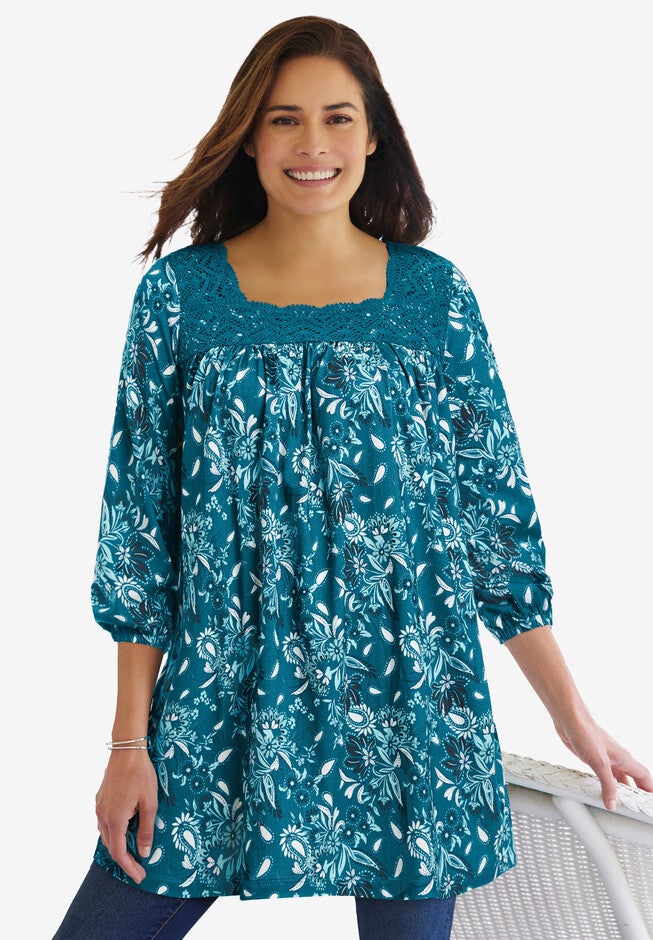 Lace Trim Three-Quarter Sleeve Tunic., DEEP TEAL PETAL PAISLEY, hi-res image number 0