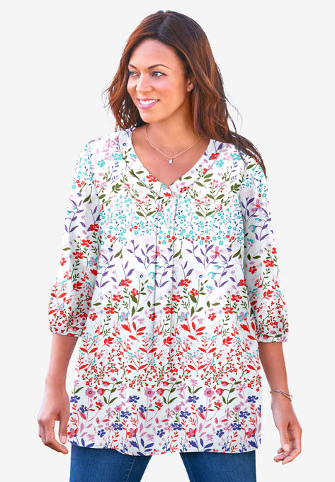 Three-Quarter Sleeve Pleat-Front Tunic, WHITE GARDEN PRINT, hi-res image number null