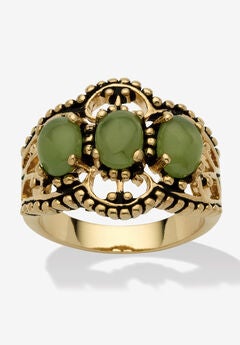 Yellow Gold-Plated Antiqued Genuine Green Jade Ring