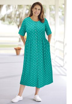 Button-Front Elbow-Sleeve Knit Dress