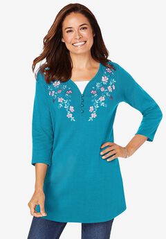 7-Day Layered-Look Embroidered Henley Tunic