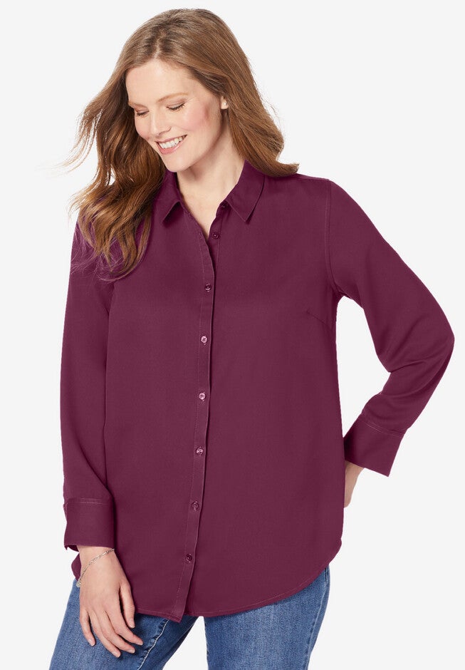Long-Sleeve Pleat Back Shirt, DEEP CLARET, hi-res image number 0