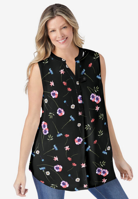 Sleeveless Tab-Front Tunic, BLACK AIRY FLORAL, hi-res image number null