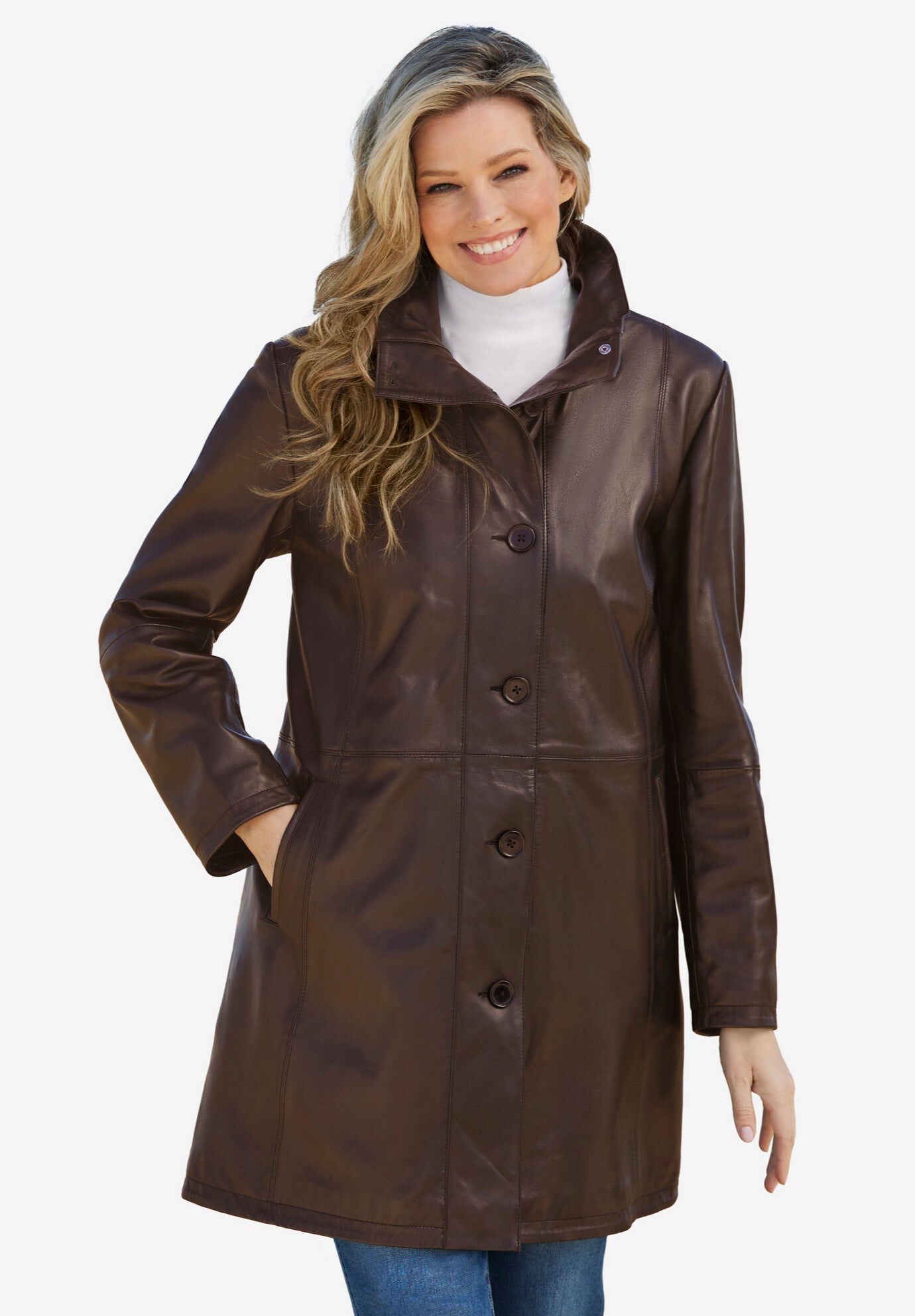 Leather Swing Coat, CHOCOLATE, hi-res image number 0