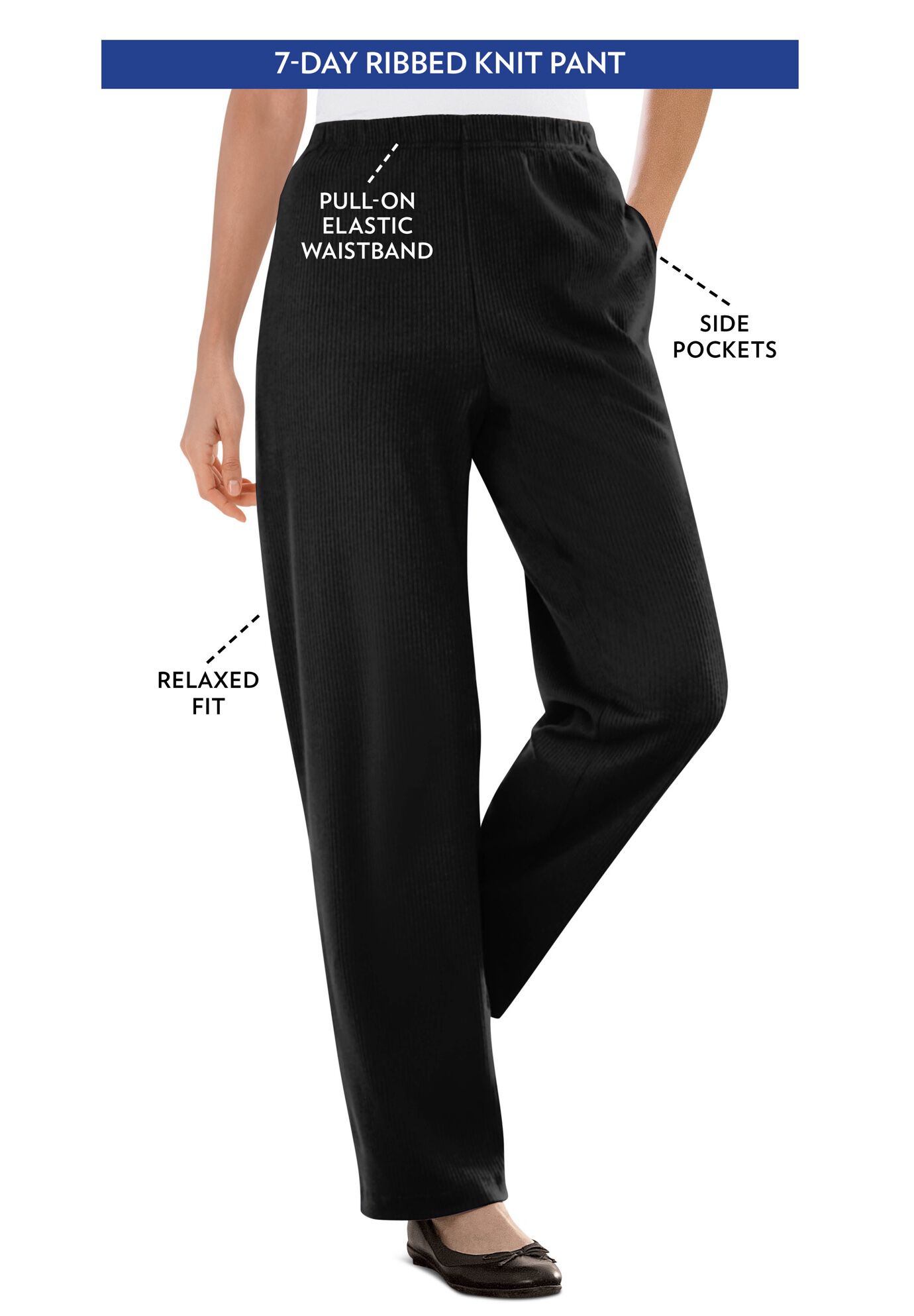 7-Day Ribbed Straight Leg Knit Pants, Black | Woman Within